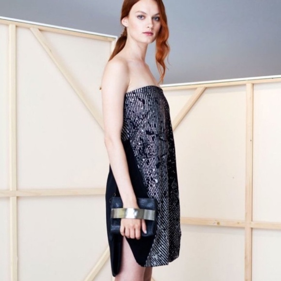 Zero + Maria Cornejo Black and Silver Silk Strapless Mini Dress Size 4 - Picture 1 of 10
